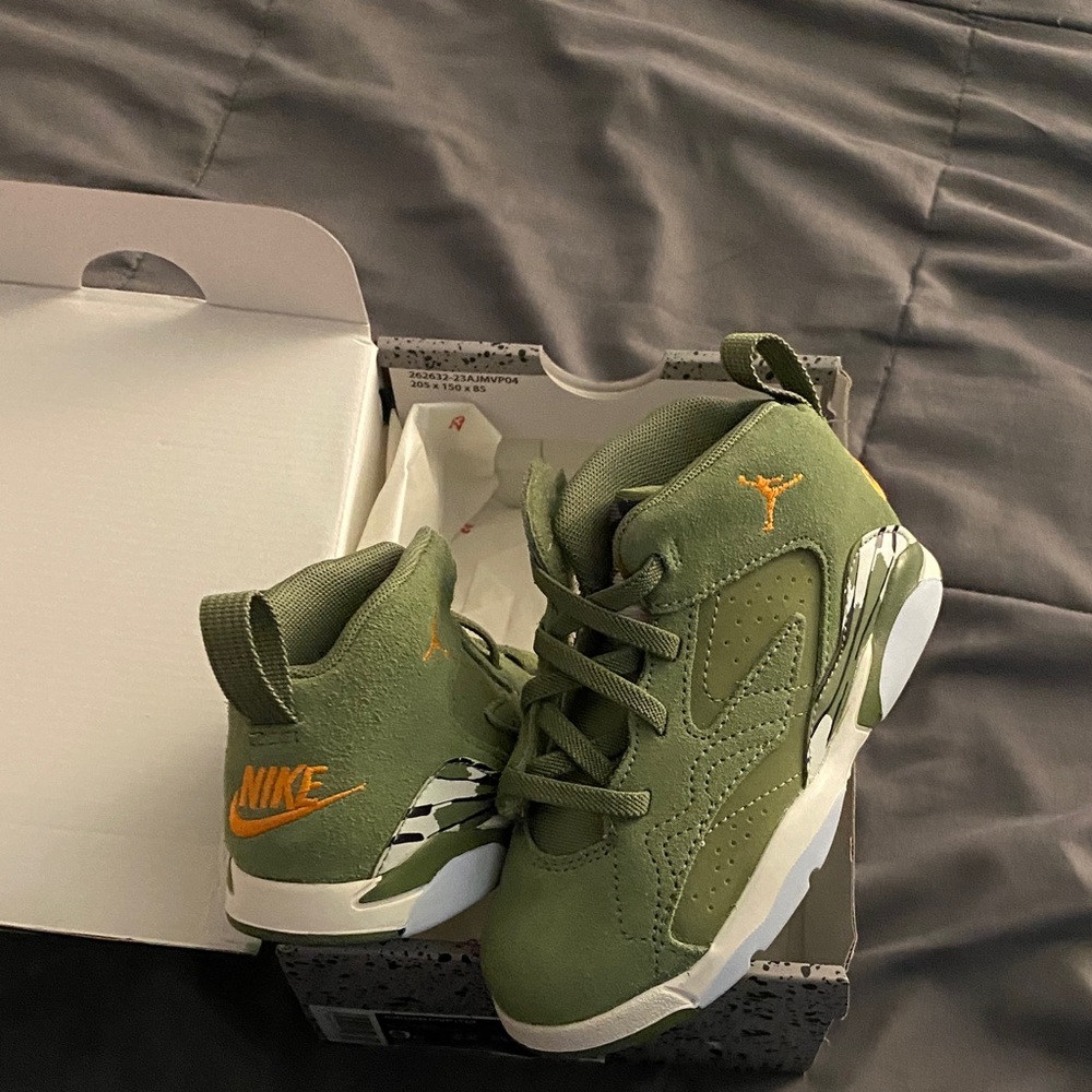 Nike Kids Olive Green High-Top Sneakers with Orange Swoosh